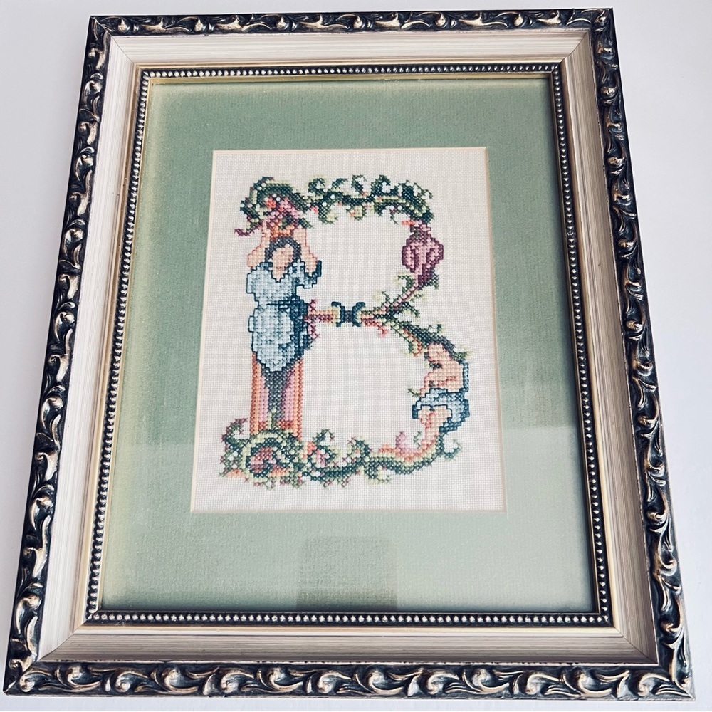 12”x10”x1” Vintage B Initial framed needlepoint.